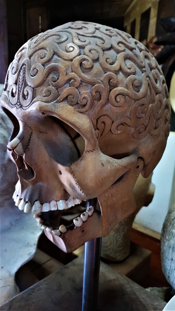Real Skull Wood Human Skull carved Wooden Sculpture flexible Jaw Skull Carving 