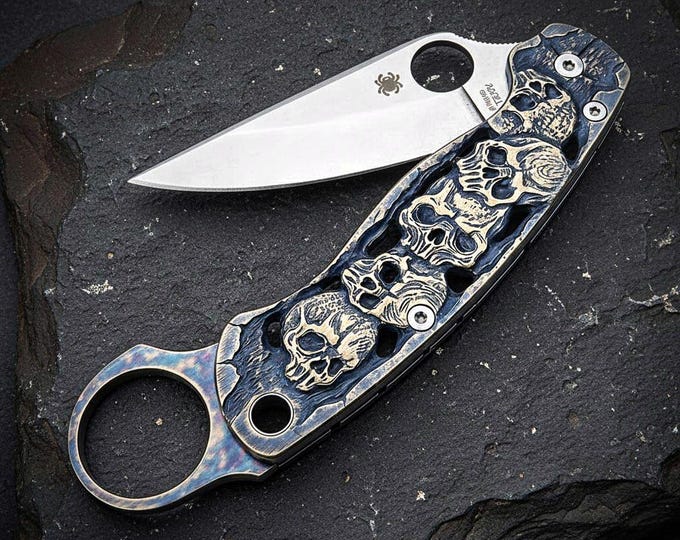 Featured listing image: Handmade Solid Brass Skull Scales • Spyderco Knife Parts