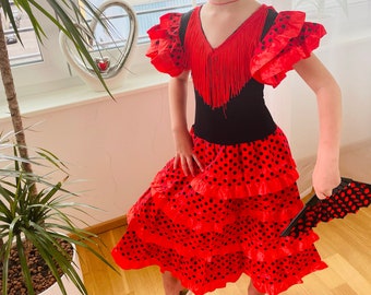 Vestido de niña para baile Flamenco y Sevillano, Vestido de Lunares Españoles Rojo Negro, Halloween, Carnaval, Regalo, Disfraz