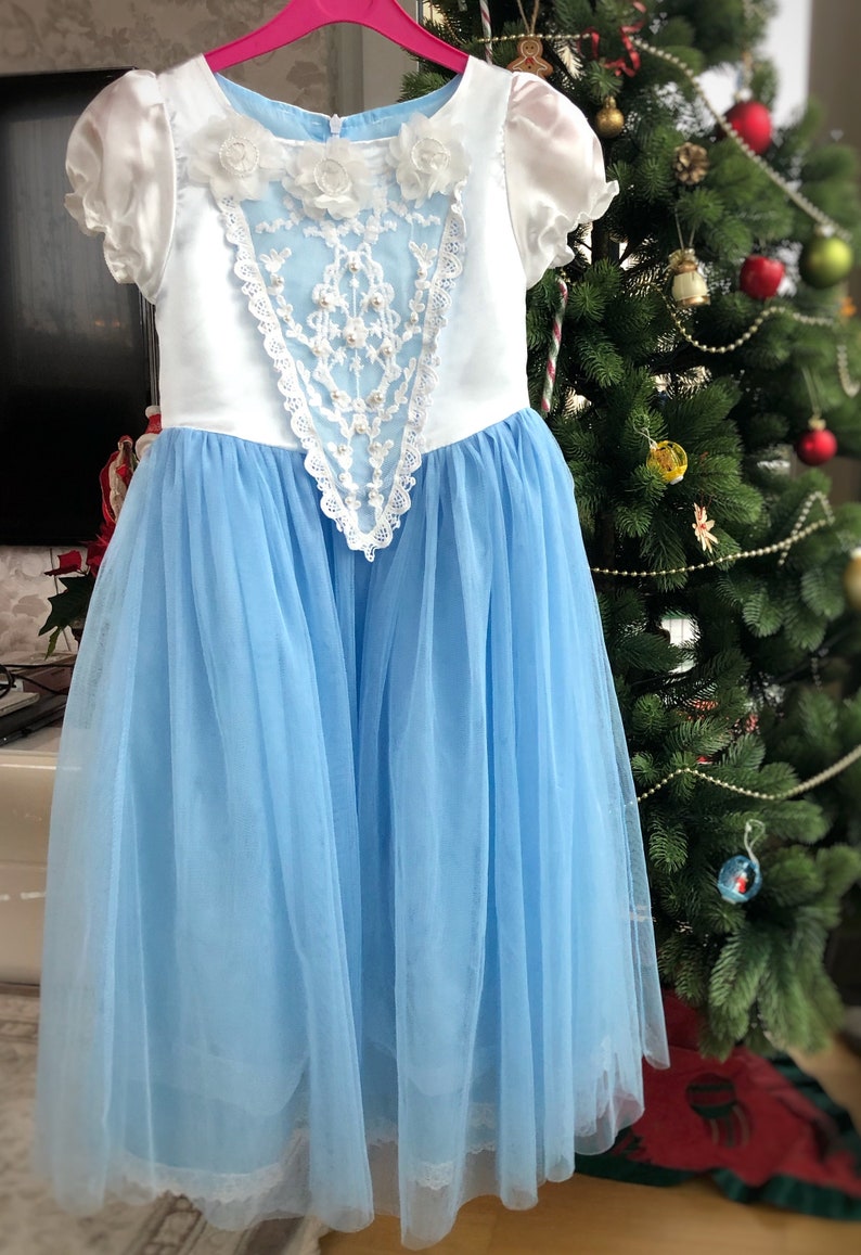 Theme Birthday Party Disney Princess Dress Blue Snow Queen Dress With Lace Dress With Cape Girl Elsa Costume Tutu Blue White Elsa Dress