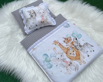 Waffle Cloth Doll Bedding, Pastel Shades Blanket Pillow, Doll Grey Bed Carrier-Bag, Handmade Bedding, Doll 35-53 cm, Animals, Lace