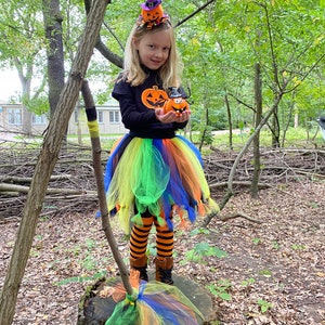 May include: A young girl dressed in a Halloween costume with a black shirt, a rainbow tulle skirt, orange and black striped tights, and black boots. She is holding a small orange pumpkin with a witch's hat and a spider on top. She is wearing a headband with two small orange pumpkins with witch's hats on top. The girl is standing on a tree stump in a wooded area.