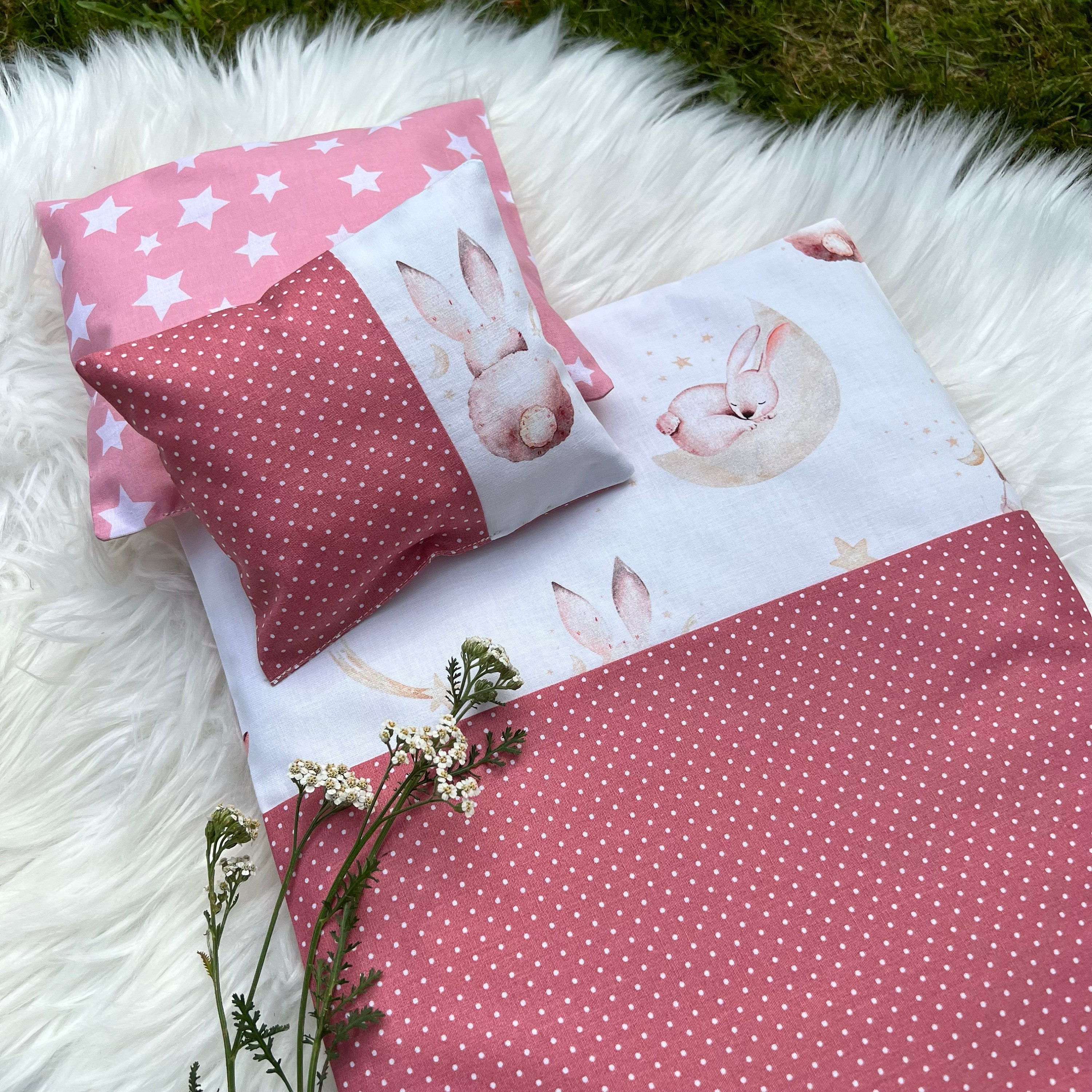 Doll Bedding with Sleeping Bunnies, Doll Blanket Pillow, 3-piece Set, For Doll Bed Pram Carrier-Bag, Handmade, For Doll up to 53 cm