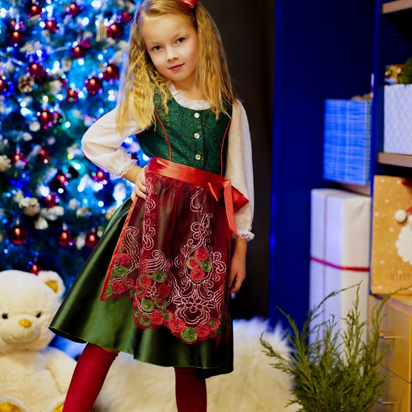 Kinderdirndl 3-teilig, Weihnachtsdirndl, Tracht, rot glänzende Schürze, Weihnachtsgeschenk für Mädchen, festliches Dirndl