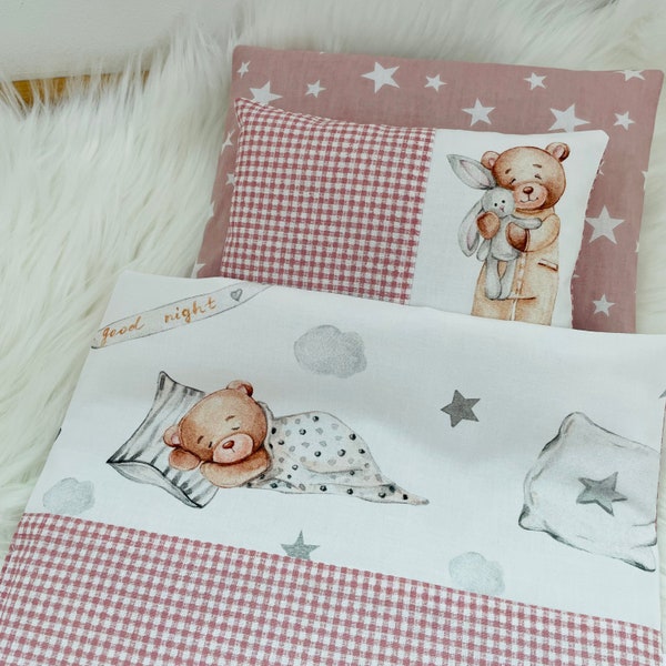 Doll Bedding Old Rose, Doll Blanket Pillow, 3-piece Set, For Doll Bed Pram Carrier-Bag, Handmade Bedding, Doll 35-53 cm, Bears, Plaid