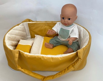 Doll Yellow Carrier Bag, Doll Bed With Bedding, Doll Size 35-53 cm, Doll Clothes, Baby Crib, Mini Toy Cradle, Handmade Cradle, Doll Cradle