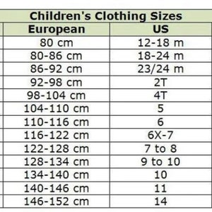 May include: A chart comparing children's clothing sizes in the UK, European, US, and Australian sizing systems. The chart lists sizes from 12 months to 12 years old and includes corresponding measurements in centimeters.