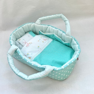 Mint carrier bag with bedding for dolls from 35 to 53 cm, Handmade mini cradle for toys, Various colors, Easter Bunny