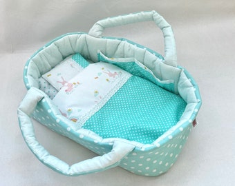 Mint carrier bag with bedding for dolls from 35 to 53 cm, Handmade mini cradle for toys, Various colors, Easter Bunny