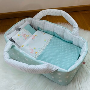 Bolsa portabebés verde pastel con ropa de cama para muñecas de 35 a 53 cm, Mini cuna artesanal para juguetes, Varios colores, Conejito de Pascua