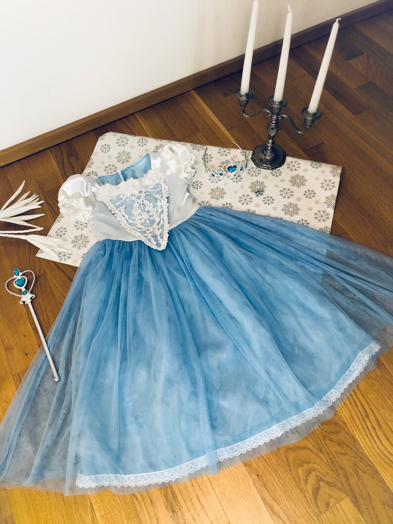 Theme Birthday Party Disney Princess Dress Blue Snow Queen Dress With Lace Dress With Cape Girl Elsa Costume Tutu Blue White Elsa Dress