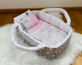 Doll Pink - Gray Carrier Bag, Doll Bed With Bedding, Doll Size 35 - 53 cm, Easter Bunny, Mini Toy Handmade Cradle, Bunnies / Stars