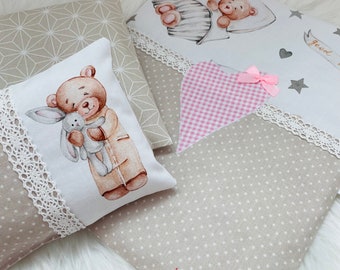 Beige Doll Bedding, Doll Blanket Pillow, 3-piece Set, For Doll Bed Pram Carrier-Bag, Handmade Bedding, Doll 35-53 cm, Bears, Plaid, Heart