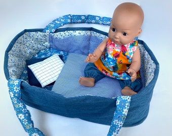 Doll Blue Carrier Bag, Doll Bed With Bedding, Doll Size 35 - 53 cm, Doll Clothes, Baby Crib, Mini Toy Cradle, Handmade Cradle, Doll Cradle