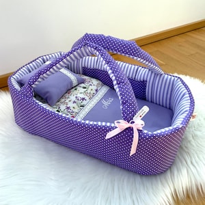 Bolsa portadora de muñeca púrpura, cama de muñeca Lila con ropa de cama, 35-53 cm, cuna de muñeca con bolsa de flores de lunares, mini cuna de juguete, cuna hecha a mano, cuna de muñeca