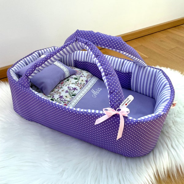 Doll Purple Carrier Bag, Doll Lila Bed With Bedding, 35-53cm, Doll Polka Flower Bag Baby Crib, Mini Toy Cradle, Handmade Cradle, Doll Cradle