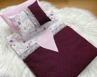 Doll Bedding  Purple, Doll Blanket Pillow, 3-piece Set, Doll Bed Pram Carrier-Bag, Doll Size 35-53 cm, Heart, Polka Dot, Animals