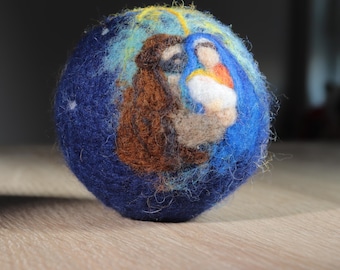 Felted Christmas Ornament – Holy Family Scene – Handcrafted Wool Ball – “Merry Christmas” Back –Nativity Decoration