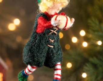 Felted Christmas Elf Ornament, Handmade Wool Elf with Drum, Needle Felted Christmas Tree Decoration, Holiday Gift