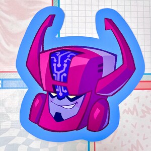 May include: A sticker featuring a cartoon character with a purple and pink color scheme. The character has a box-shaped head with two large, curved horns and a smiling face. The head has a blue brain-like design. The sticker is outlined in blue.