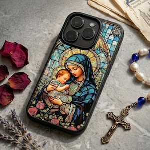 Handmade Natural Shell Case iPhone 17 16 15 Pro Max | Stained Glass Madonna & Child | Real Abalone Religious Gift