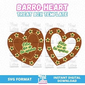 May include: Two brown heart-shaped treat box templates with a green and yellow floral design. The text "Feliz dia de las madres" is written in green on each heart.