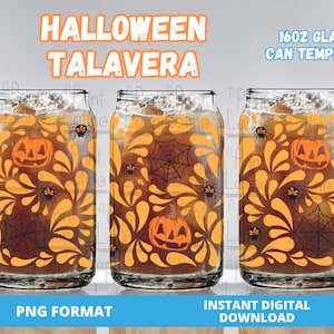 May include: Three 16oz glass can templates featuring a Halloween themed design with orange pumpkins, black spiders, and brown spiderwebs on a yellow and orange background. The text "HALLOWEEN TALAVERA" is at the top of the image and "16OZ GLASS CAN TEMPLATE" is at the top right. The text "PNG FORMAT" is at the bottom left and "INSTANT DIGITAL DOWNLOAD" is at the bottom right.