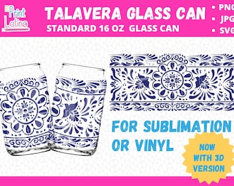 Lata de vidrio tradicional mexicana inspirada en Talavera de 16 oz para sublimación o vinilo