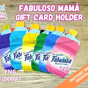 May include: Set of six colourful gift card holders shaped like detergent bottles with the text "Fabuloso Mamá de todas" on the pink bottle.  The text "La más" is on each bottle.  The bottles are printed with a rainbow and the text "Fab" on each bottle.