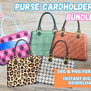 May include: A set of five digital purse cardholder designs in SVG and PNG formats. The designs feature different patterns, including pink and black plaid, green quilted, brown quilted, leopard print, and a white and brown geometric pattern.