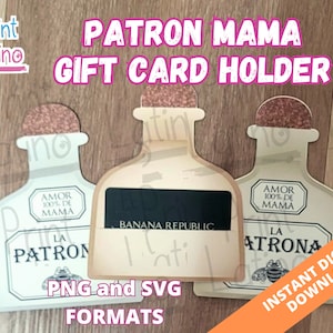 May include: Three white ceramic Patron tequila bottle shaped gift card holders with gold accents. The centre bottle has a black gift card slot with the text "BANANA REPUBLIC". The text "PATRON MAMA GIFT CARD HOLDER" is at the top of the image. The text "INSTANT DIGITAL DOWNLOAD" is at the bottom right of the image.