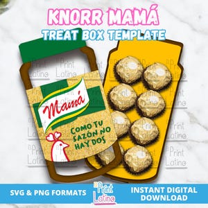 Puede incluir: Una plantilla de caja de regalo imprimible con un diseño de botella de condimento Knorr Mamá. La caja está decorada con un fondo dorado y el texto "Como tu sazón no hay dos". La caja está diseñada para contener pequeños dulces o chocolates redondos.