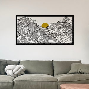 Metal Mountain Wall Art, Gold Sun Detail, Mountain Line Art, Forest Wall Decor, Wall Hanging, Housewarming Gift, Living Room Wall Decor