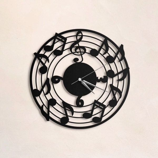 Horloge murale unique, horloge murale note musicale, horloge murale en métal, horloge murale sur le thème de la musique, horloge contemporaine, cadeau de pendaison de crémaillère, cadeaux pour lui