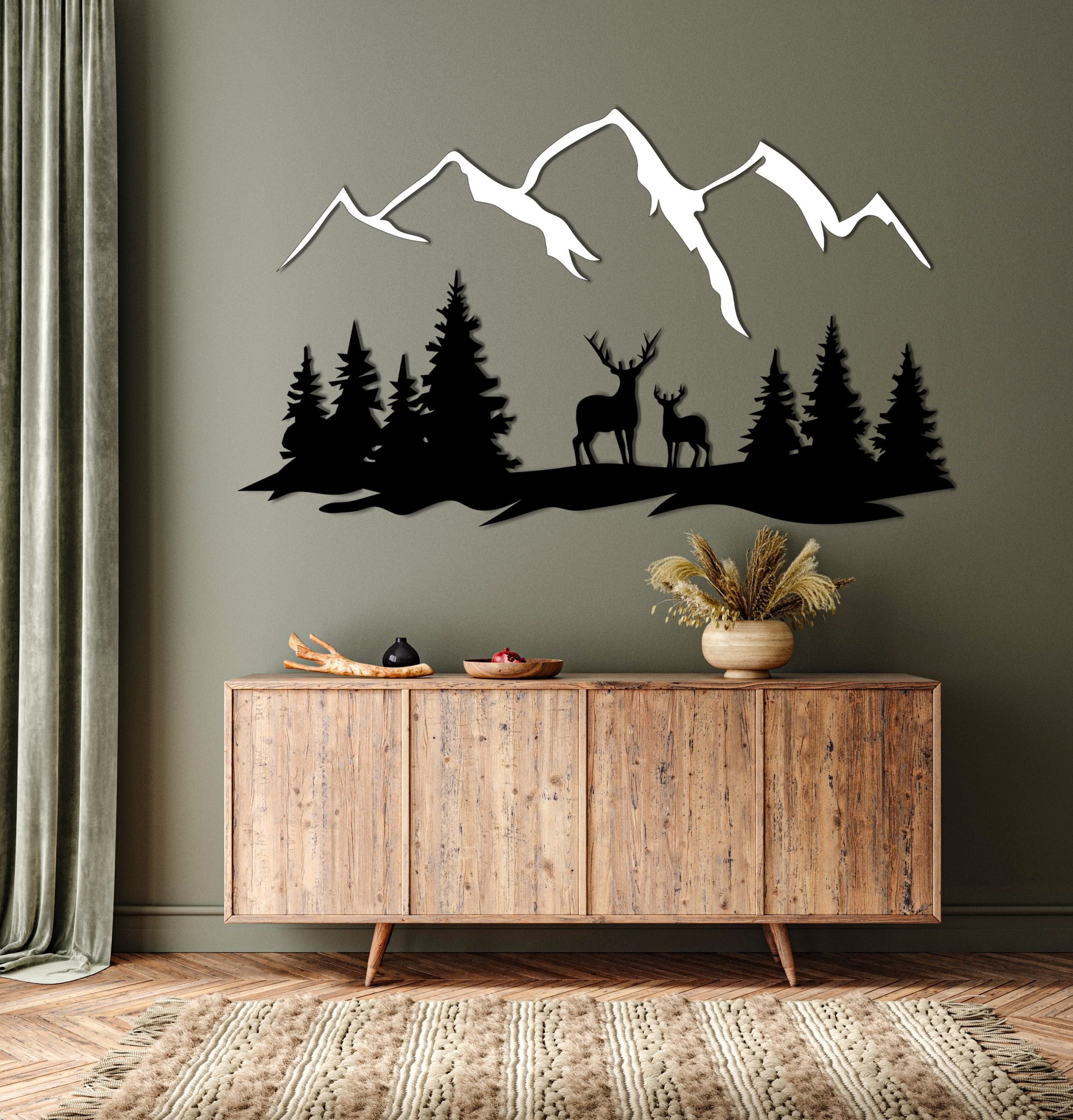 Mountain Wall Art Deer Forest Wall Decor Metal Wall Art Etsy