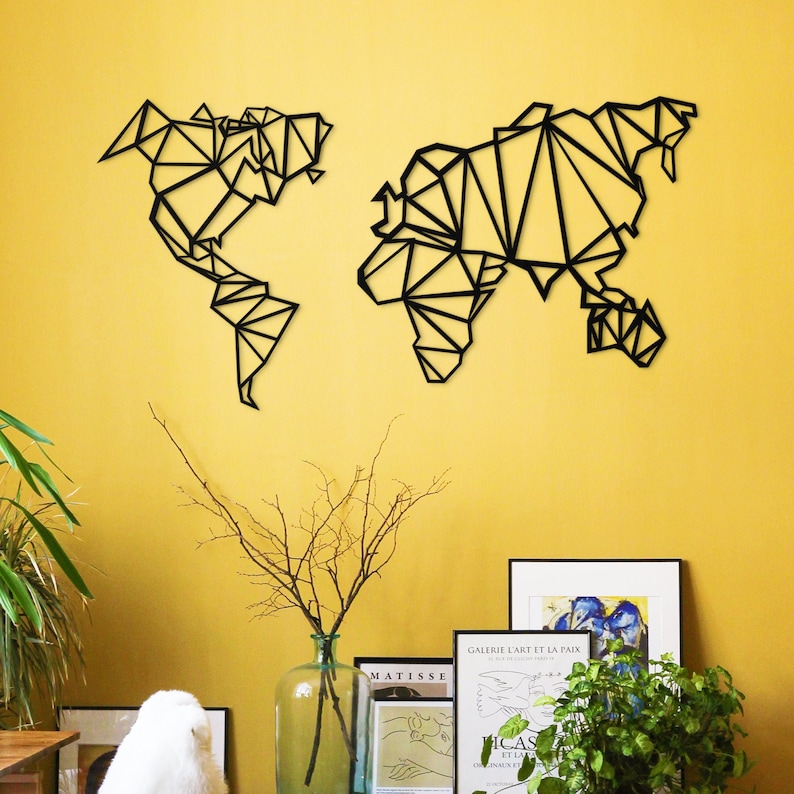 Metal World Map Geometric Metal Wall Art Wall Art Metal Etsy