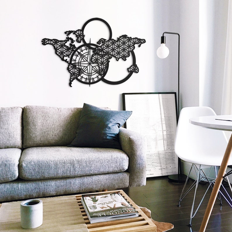 Metal World Map With Flower of Life Metal World Map Wall Art Etsy