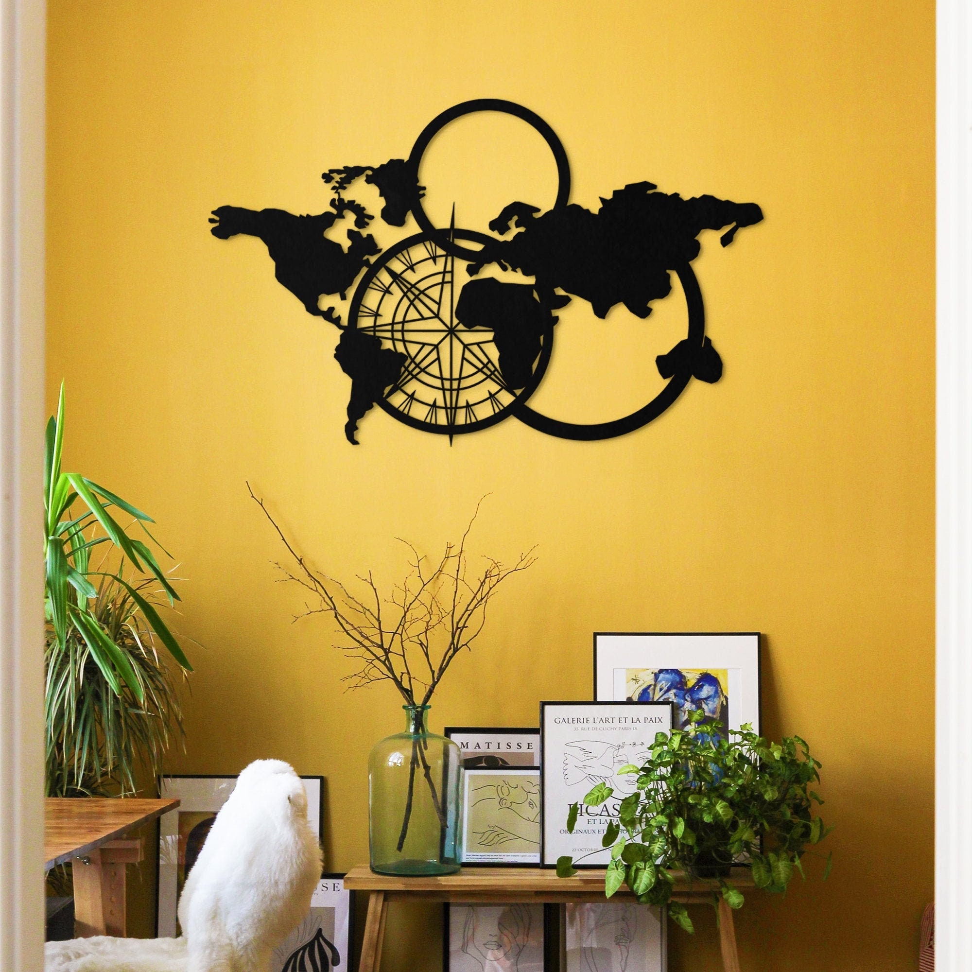 Metal World Map With Compass World Map Wall Decor Office Etsy