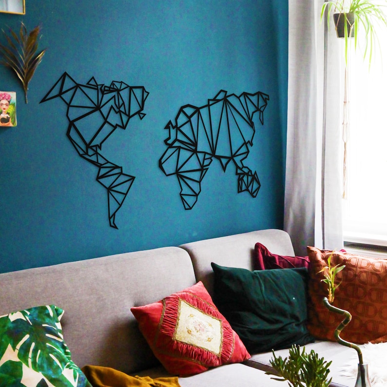 Metal World Map Geometric Metal Wall Art Wall Art Metal Etsy