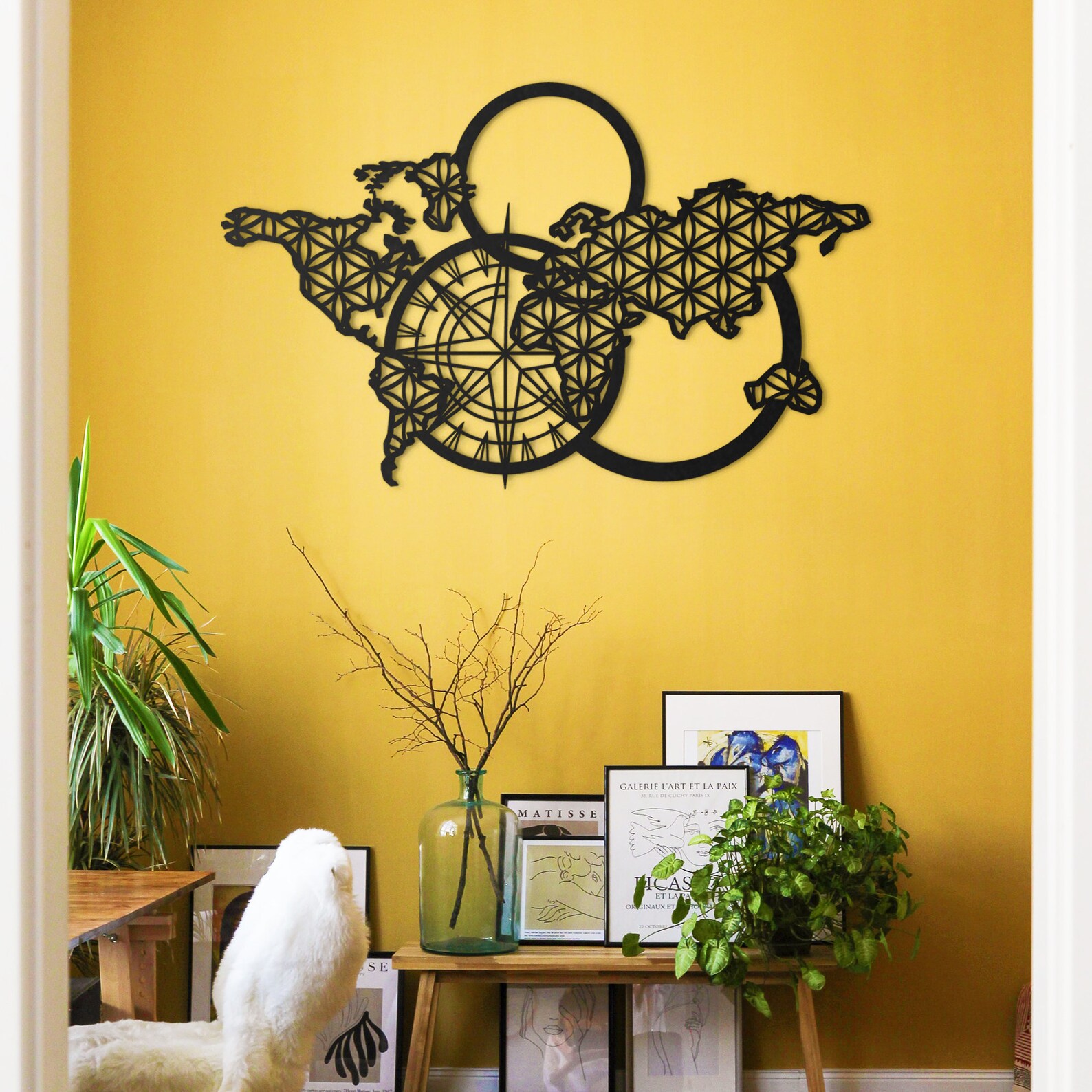 Metal World Map With Flower of Life Metal World Map Wall Art Etsy