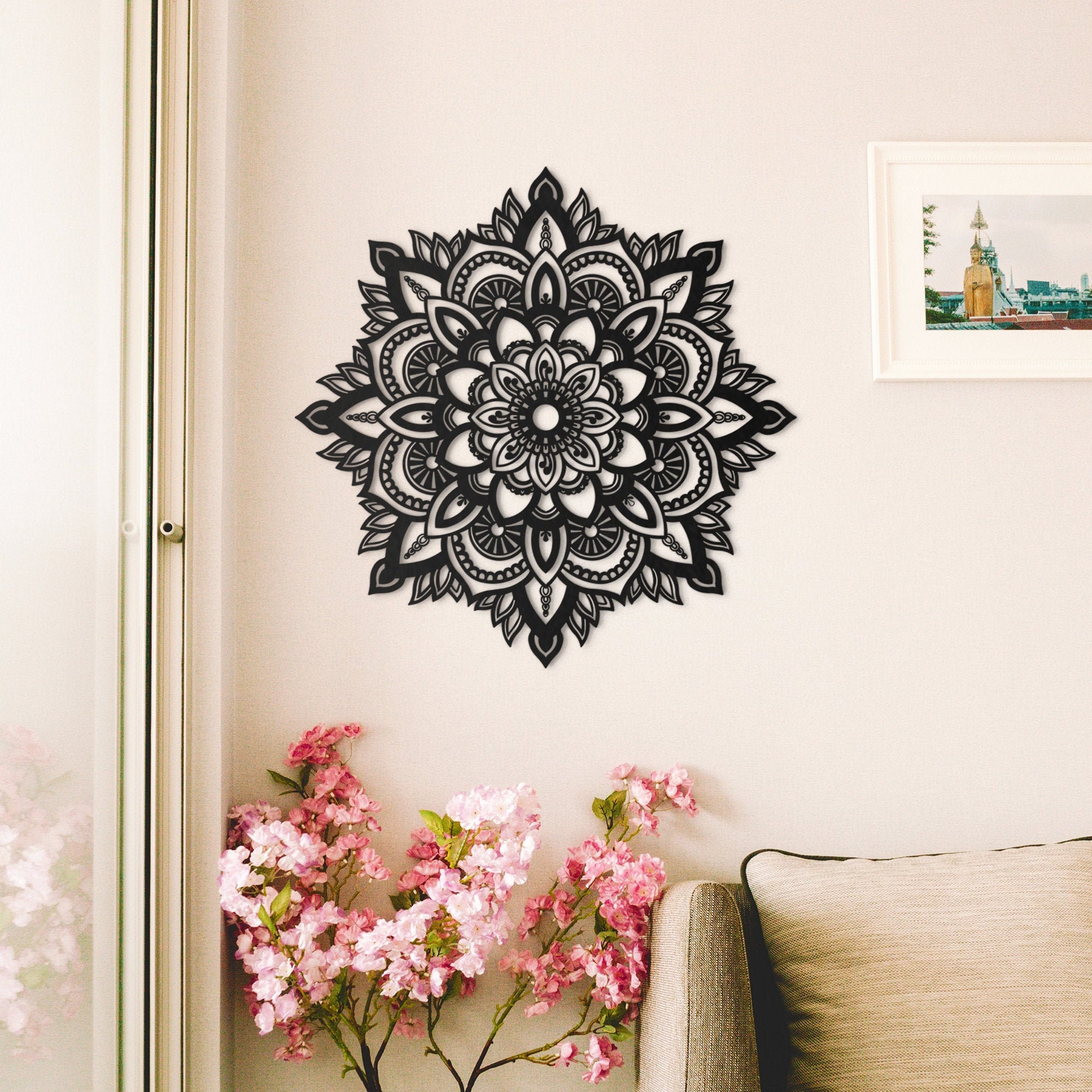 CREATCABIN Metall Mandala Wanddekoration 30x30cm - Schwarzes Blumen Design