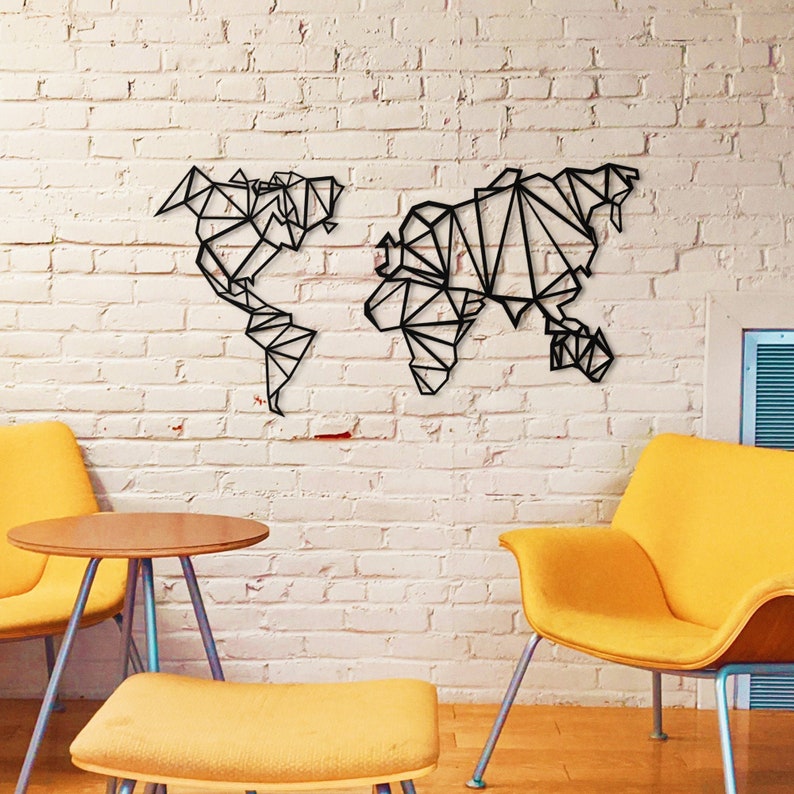 Metal World Map Geometric Metal Wall Art Wall Art Metal Etsy