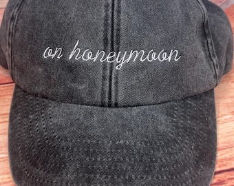 On honeymoon embroidered personalised wedding present gift honeymoon newlywed bridesmaid cap hat summer hen do bride fun custom