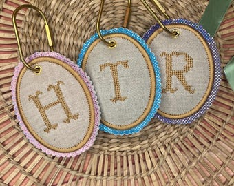 Retro padded squishy bag key ring cross stitch initial glittery fashion personalised puff embroidered