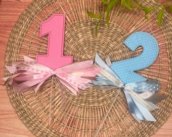 Custom cake topper embroidered number age ribbon fun pink blue material keepsake