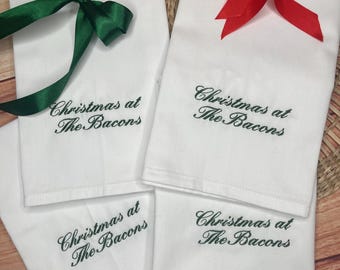 Custom personalised Christmas at the ?? name embroidered table Christmas napkins hostess gift present place setting