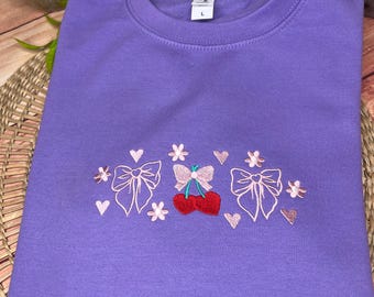 Girly bow and heart cherry embroidered sweatshirt hoodie - gift for him her unisex - present - secret santa - christmas - birthday - prize