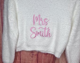 Custom Embroidered Bridal Cardigan: Fluffy Pearl Button Wedding Sweater