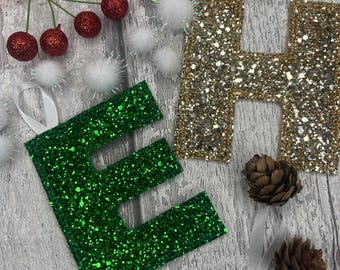Embroidered glitter initial Christmas decoration custom personalised