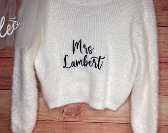 Custom Embroidered Bridal Cardigan: Mrs. [Surname] Fluffy Pearl Button Crop Sweater